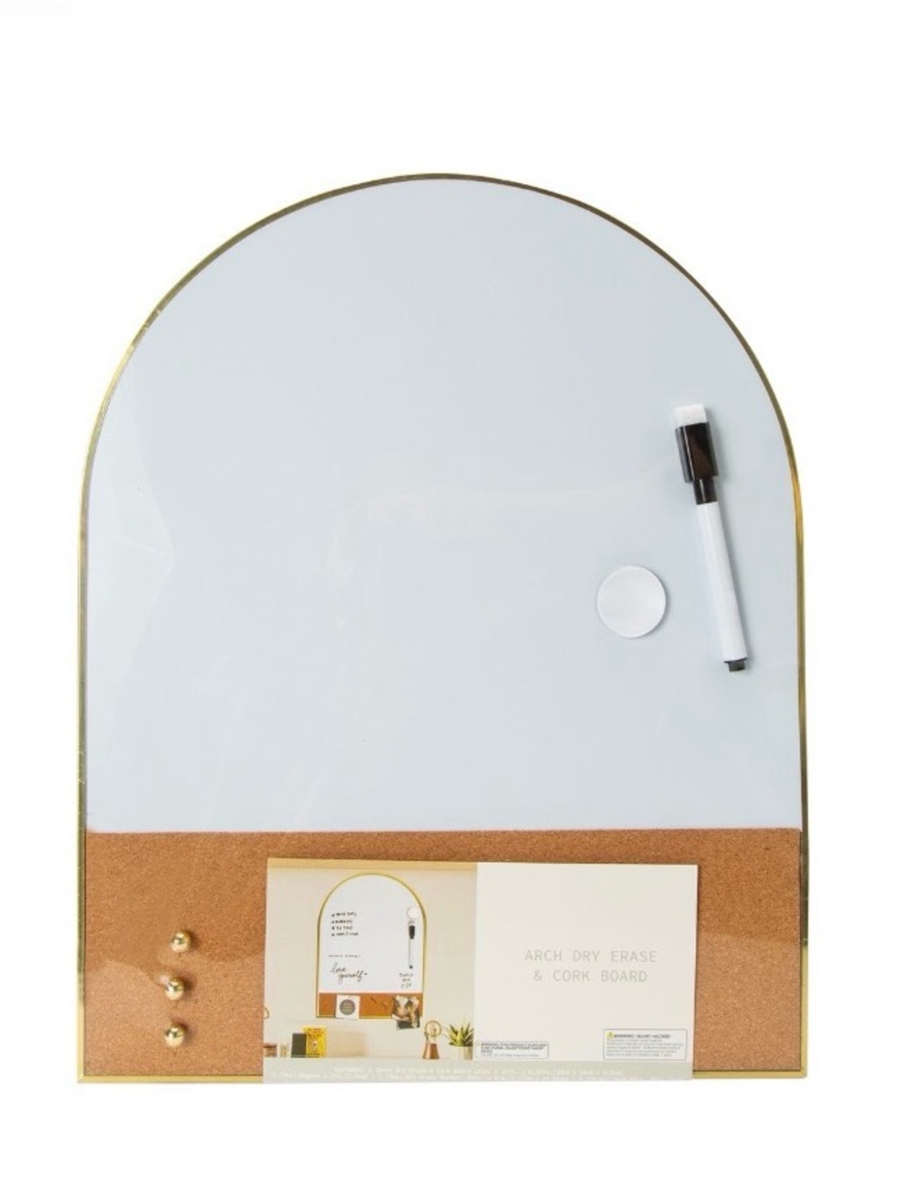 Arch Shaped White Dry Erase & Cork Board with Gold Trim